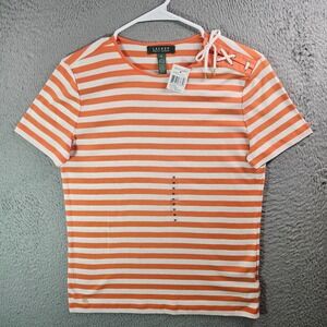 NEW Lauren Ralph Lauren Tee Top Women Medium Short Sleeve White Orange Striped